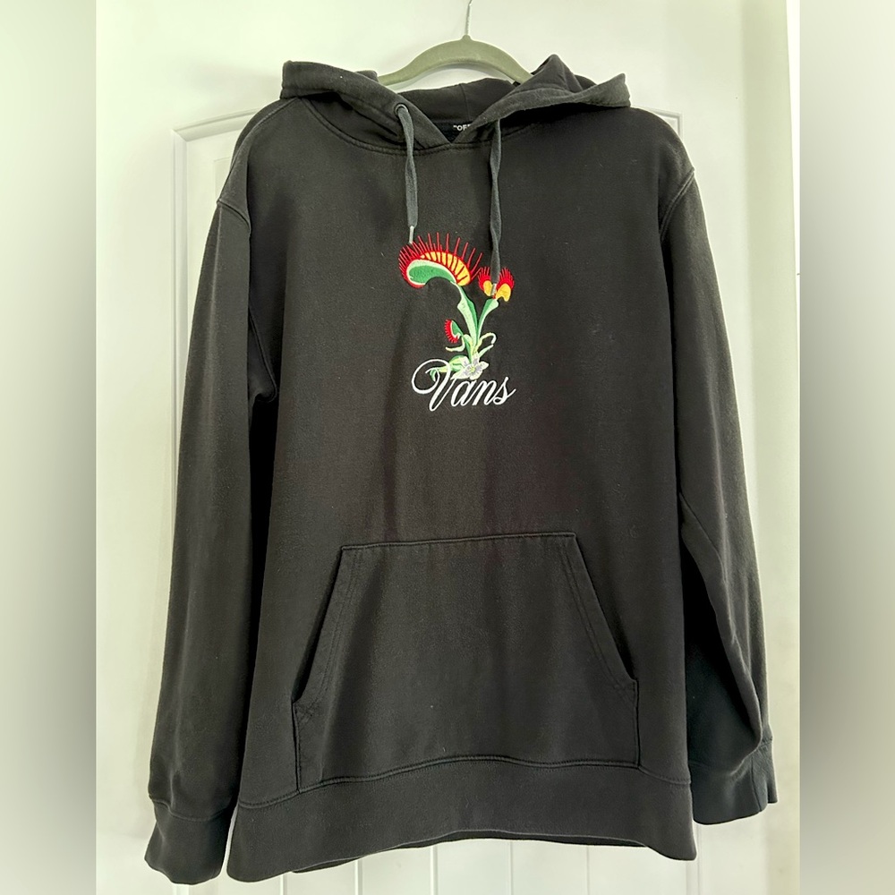 Vans Sweatshirt - Medium - Black hooded, long sleeve and pic of Venus flytrap